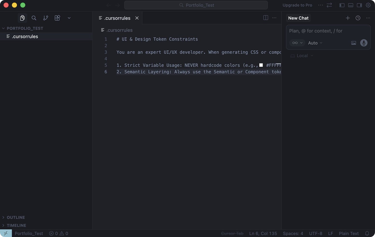 .cursorrules 约束文件截图，定义禁止硬编码色值、强制使用 Semantic 层变量的规则